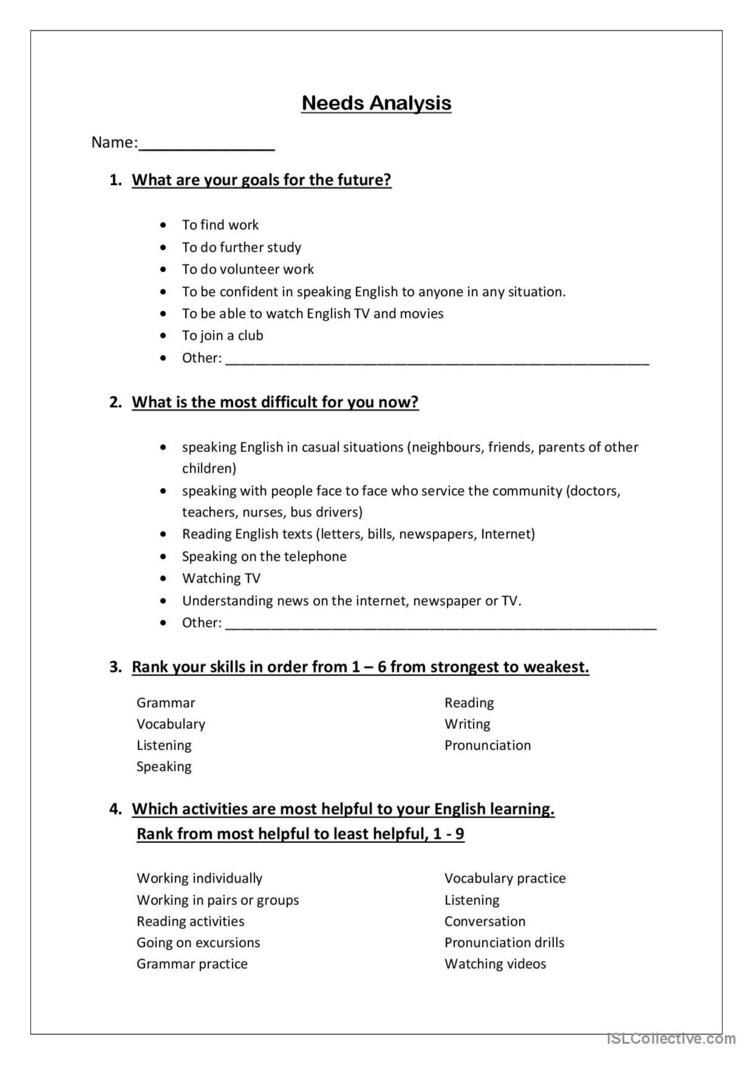 needs analysis simple example